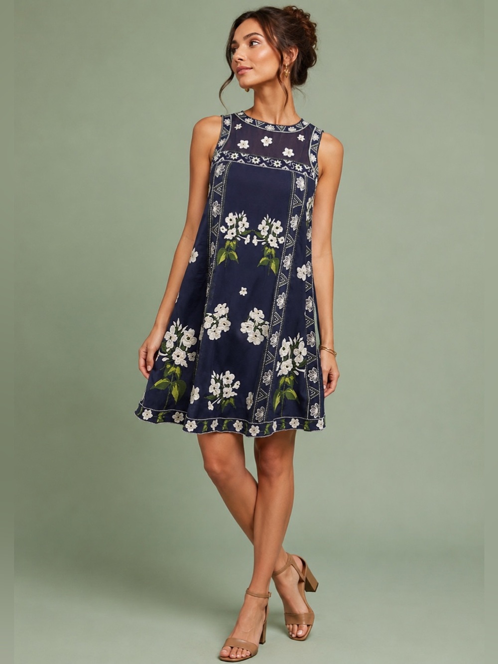 Anthropologie Maeve Rosa Embroidered Swing Dress Size 4 Botanical Navy Blue